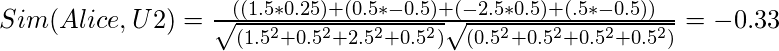 Sim(Alice,U2)=\frac {((1.5*0.25)+(0.5*-0.5)+(-2.5*0.5)+(.5*-0.5))}{\sqrt{(1.5^2+0.5^2+2.5^2+0.5^2)} \sqrt{(0.5^2+0.5^2+0.5^2+0.5^2)}}=-0.33\newline