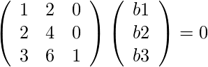   \left(\begin{array}{ccc} 1 & 2 & 0\\ 2 & 4 & 0\\ 3 & 6 & 1 \end{array}\right) \left(\begin{array}{c} b1\\b2\\b3  \end{array}\right) = 0 