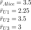 \bar r_{Alice}=3.5\newline  \bar r_{U1}=2.25\newline \bar r_{U2}=3.5\newline \bar r_{U3}=3